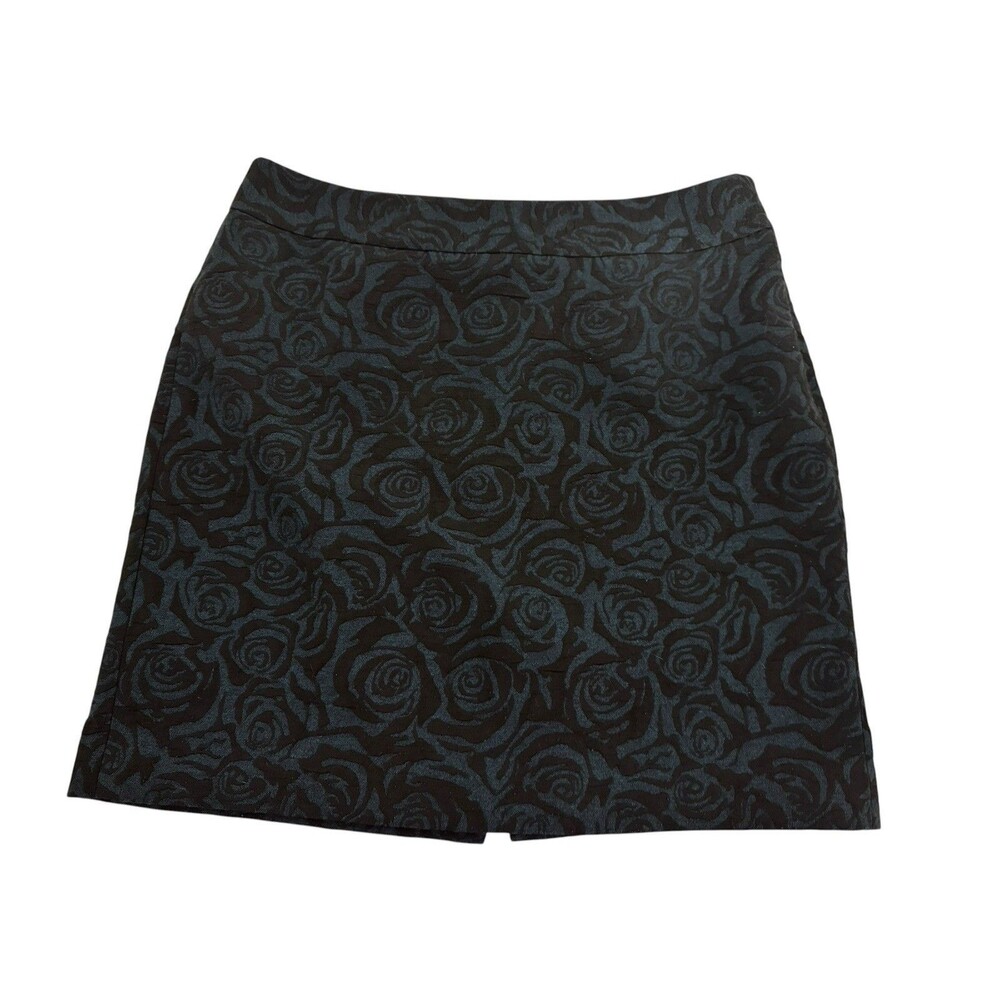 Women's Ann Taylor Green & Black Floral Skirt Size 12 Classic Career Mini EUC